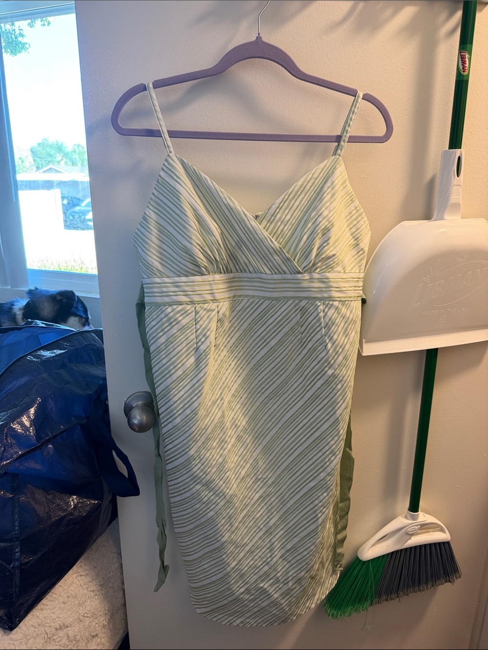 Motherhood Maternity Pale Green and White Striped Wrap-Style Midi Dress